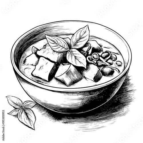 Detailed hand-drawn illustration of a traditional Thai curry dish, showcasing rich flavors and aromatic herbs, perfect for culinary projects on adobe stock