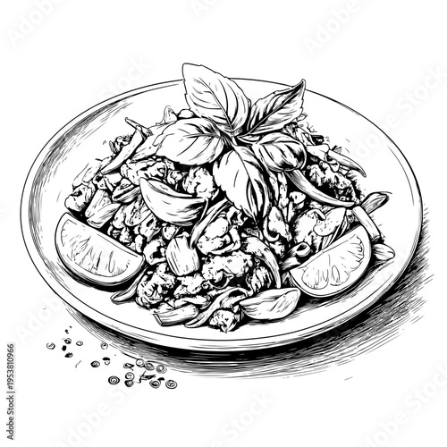 Hand Drawn Illustration of Delicious Thai Pad Krapow Moo Moo Pork Stir Fry with Basil and Lime on a Plate, Adobe Stock