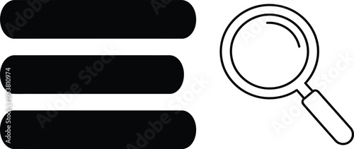 Vector icon of magnifying glass searching three horizontal bars