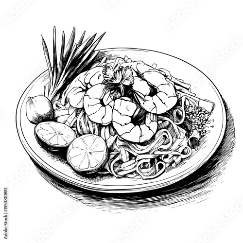 Hand Drawing of Delicious Thai Pad Thai Noodles with Shrimp, Lime, and Scallions, Available on Adobe Stock for Culinary Content