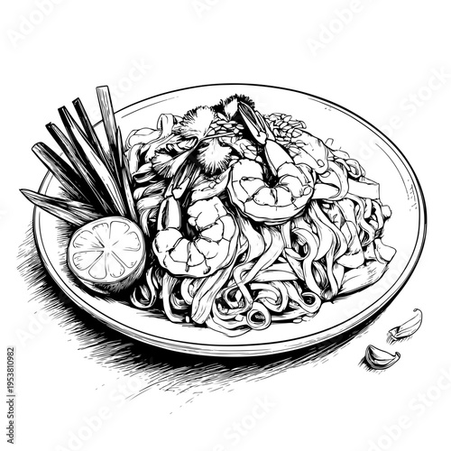 Detailed hand-drawn illustration of classic Thai Pad Thai noodles with savory shrimp and fresh lime, perfect for adobe stock food collections and culinary designs