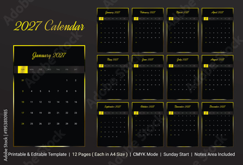 Dark Mode Calendar 2027 with Notes Section Monthly Printable Design