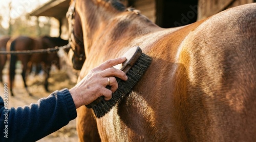 Farmer grooming a brown horse with a professional brush