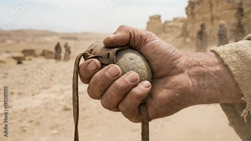 David's weathered hand holding smooth stone and sling in desert battlefield preparing to face Goliath representing biblical courage faith underdog victory and divine strength in Old Testament 
