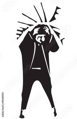 Woodcut style man Suffering from a Migraine Headache