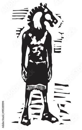 Woodcut style horse headed man