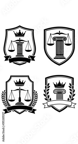 Law Symbols Shield Crest Icons: Scales of Justice, Column, Crown, Laurel Wreath
