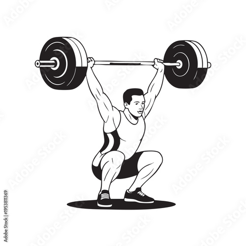 A muscular man in athletic wear performing a weightlifting exercise with a barbell in a squat position indoors.