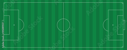 Football pitch top view with grass stripes and stadium marking lines. Soccer field background, aerial plan of sports ground, green turf pattern for competition, game playground layout.