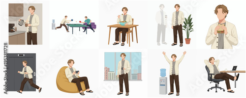 Simple Flat Character Illustration of Man Daily Activity and Routine Set
