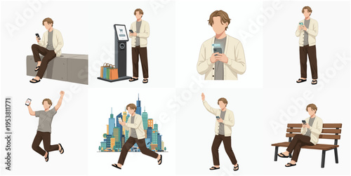 Modern Style Illustration of Man Using Smartphone in Various Poses and Scenes