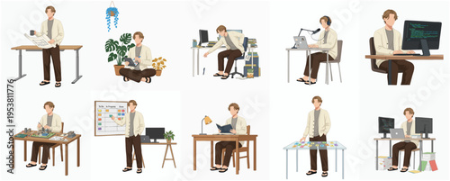 Watercolor Stylish Man Working From Home In Different Poses Illustration