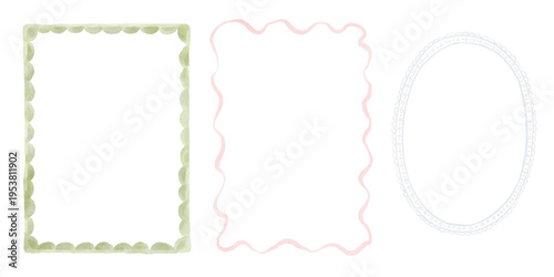 Hand-drawn watercolor set of delicate whimsical decorative frames. Romantic frames ideal for wedding stationery, valentine designs, invitations.