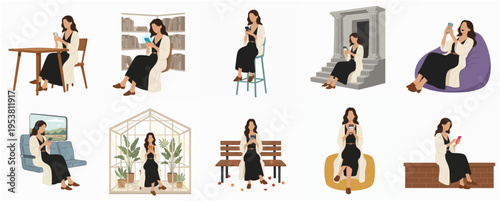 Flat Illustration Set of Young Woman Relaxing in Different Locations