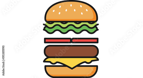 A cartoon cheeseburger with lettuce tomato.