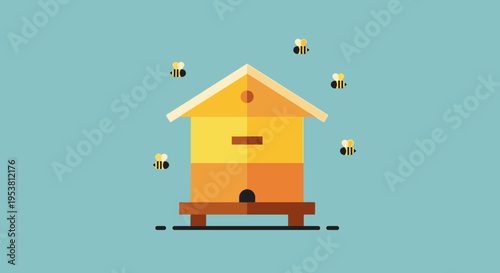 Bees flying around a beehive.