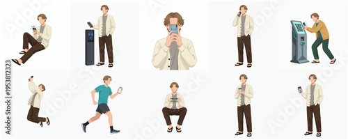 Flat Style Diverse Young Man Using Smartphone in Various Poses Illustration