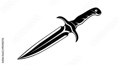 Stylized Black Dagger Knife with Ornate Handle and Double-Edged Blade