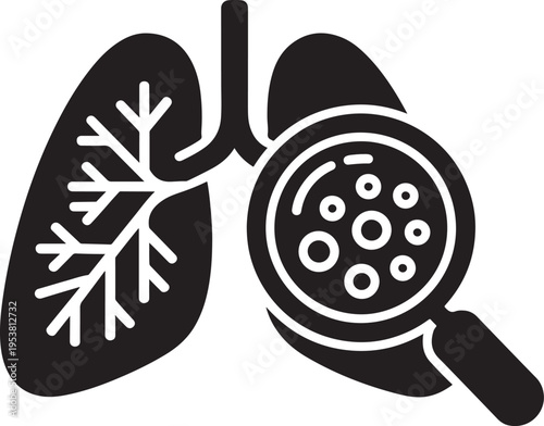 Human lungs icon with magnifying glass examining respiratory system and infection detail