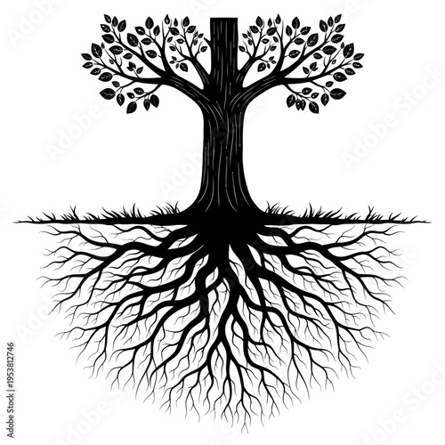 Tree of Life Silhouette with Deep Roots and Lush Canopy