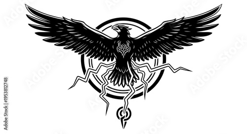 Mythical Phoenix Bird Emblem with Lightning and Circle Symbol