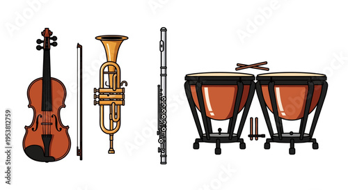 Orchestral Instruments Collection: Violin, Trumpet, Flute, and Timpani Drums