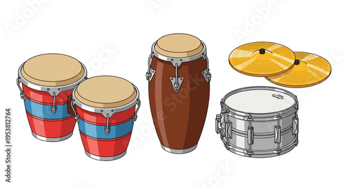 Percussion Drum Set: Congas, Snare Drum, and Cymbals