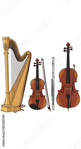 Orchestral Instruments: Harp, Violin, Cello, and Flute Collection