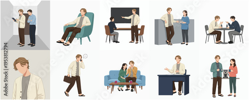 Modern Flat Illustration Man in Various Business and Casual Situations Set