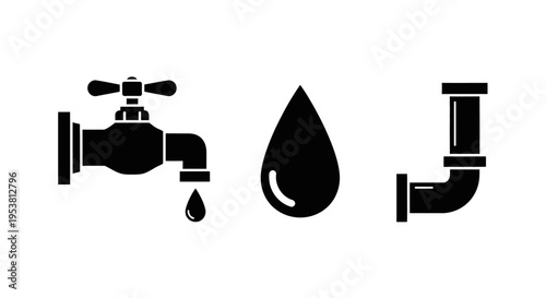 Plumbing Icons: Faucet, Water Drop, and Pipe Elbow on White Background