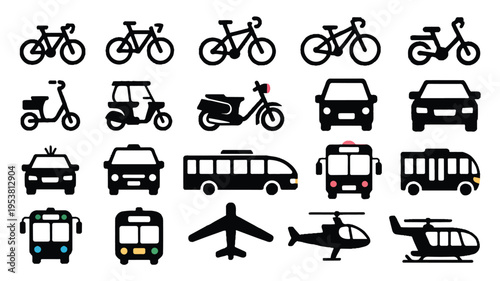 Silhouette icons of diverse transportation methods like cars, buses, and aircraft, black and white