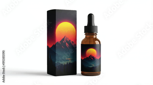 Amber dropper bottle with mountain sunset landscape label and cardboard box with amber glass