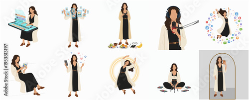 Minimalist Diverse Woman Creator with Digital Device and Social Media Icon Set