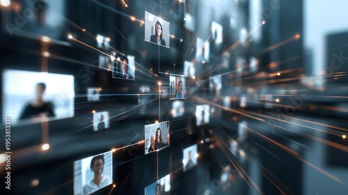 Networking in the City: A digital web of connections pulses with life, merging individual faces to forge a network of collaboration against a modern cityscape backdrop.