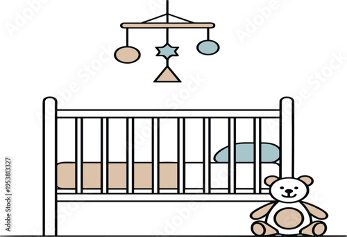 Minimal Baby Crib Scene Vector Illustration with Nursery Bed, Hanging Mobile, Teddy Bear, and Simple Line Art Design for Infant Room Decor.
