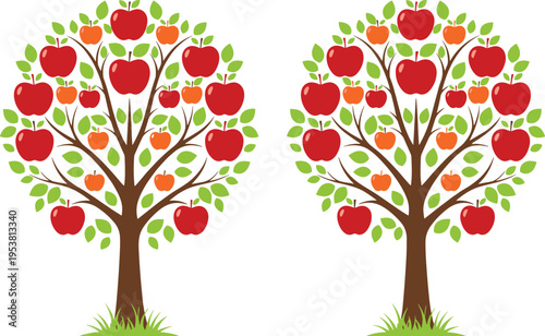 Apple fruit trees with ripe red and orange apples and green leaves, orchard harvest concept, flat vector illustration isolated on white background
