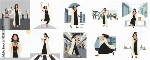 Minimalist Flat Illustration of Woman in Various Urban Life Activities