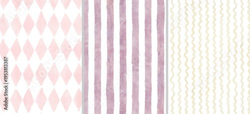 Whimsical watercolor background frames set with light yellow, violet stripes and pink diamond pattern. Perfect for backgrounds, stationery, packaging, Valentine's Day and Christmas designs.