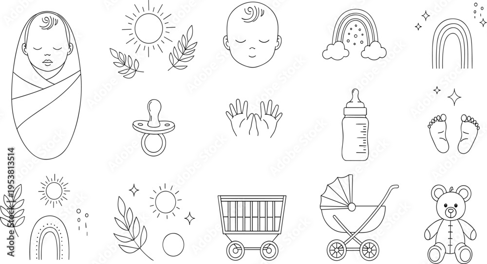 Fototapeta premium Minimal Baby Line Art Icon Set with Newborn, Pacifier, Bottle, Stroller, Rainbow, Teddy Bear, and Nursery Elements for Modern Outline Design.