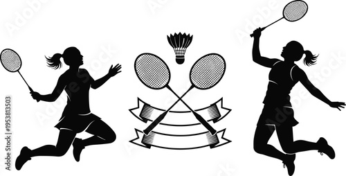 Badminton players silhouette vector with jumping female athletes, rackets and shuttlecock emblem, dynamic sport action illustration isolated on white for fitness and competition design
