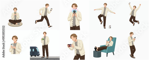 Illustration of Young Adult Man Using Mobile Phone in Various Poses