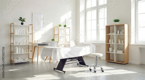 Clean and bright spa or massage room with treatment table and shelves of products