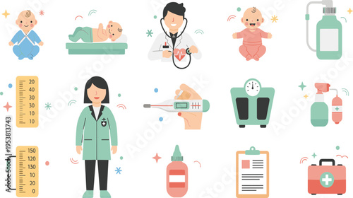 Pediatric Healthcare and Baby Care Vector Set with Doctor, Infant Checkup, Medical Equipment, Vaccination, Thermometer, Scale, and Child Health Illustration.