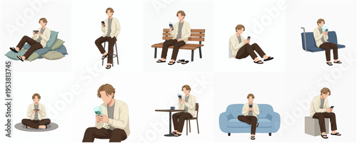 Flat Style Diverse Poses of a Young Man Using Mobile Device