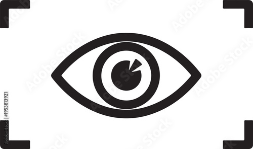 Black and white icon of an eye with focus brackets, representing vision, surveillance, or biometric scanning technology.
