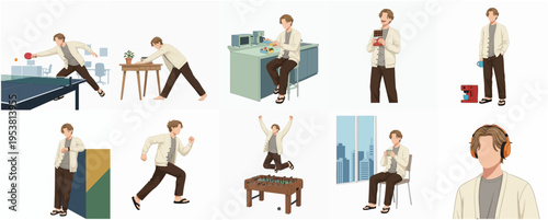 Modern Style Man Doing Different Activities in Office Illustration Set