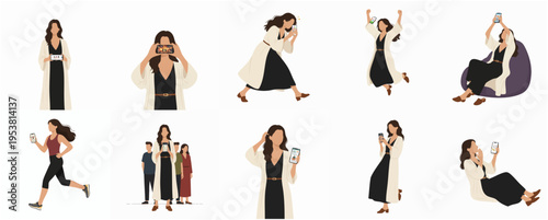 Flat Woman in Various Poses and Activities Full Body Illustration