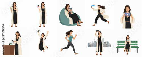 Flat Design Woman Character in Various Poses and Situations Illustration Set