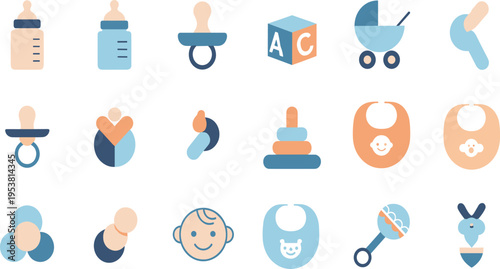 Baby Icon Set with Bottle Pacifier Stroller Blocks Bib Rattle and Newborn Care Elements for Nursery Minimal Vector Illustration Design.