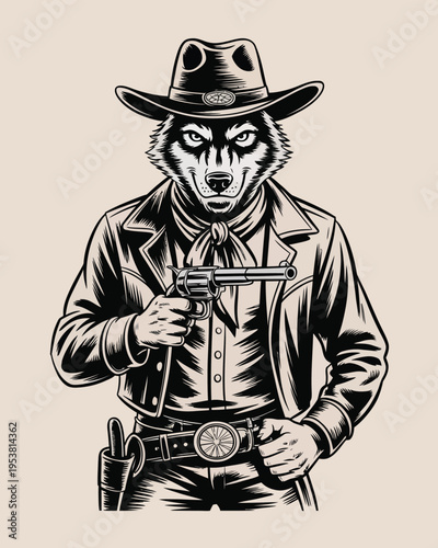 Anthropomorphic wolf cowboy in black and white western attire holding revolver